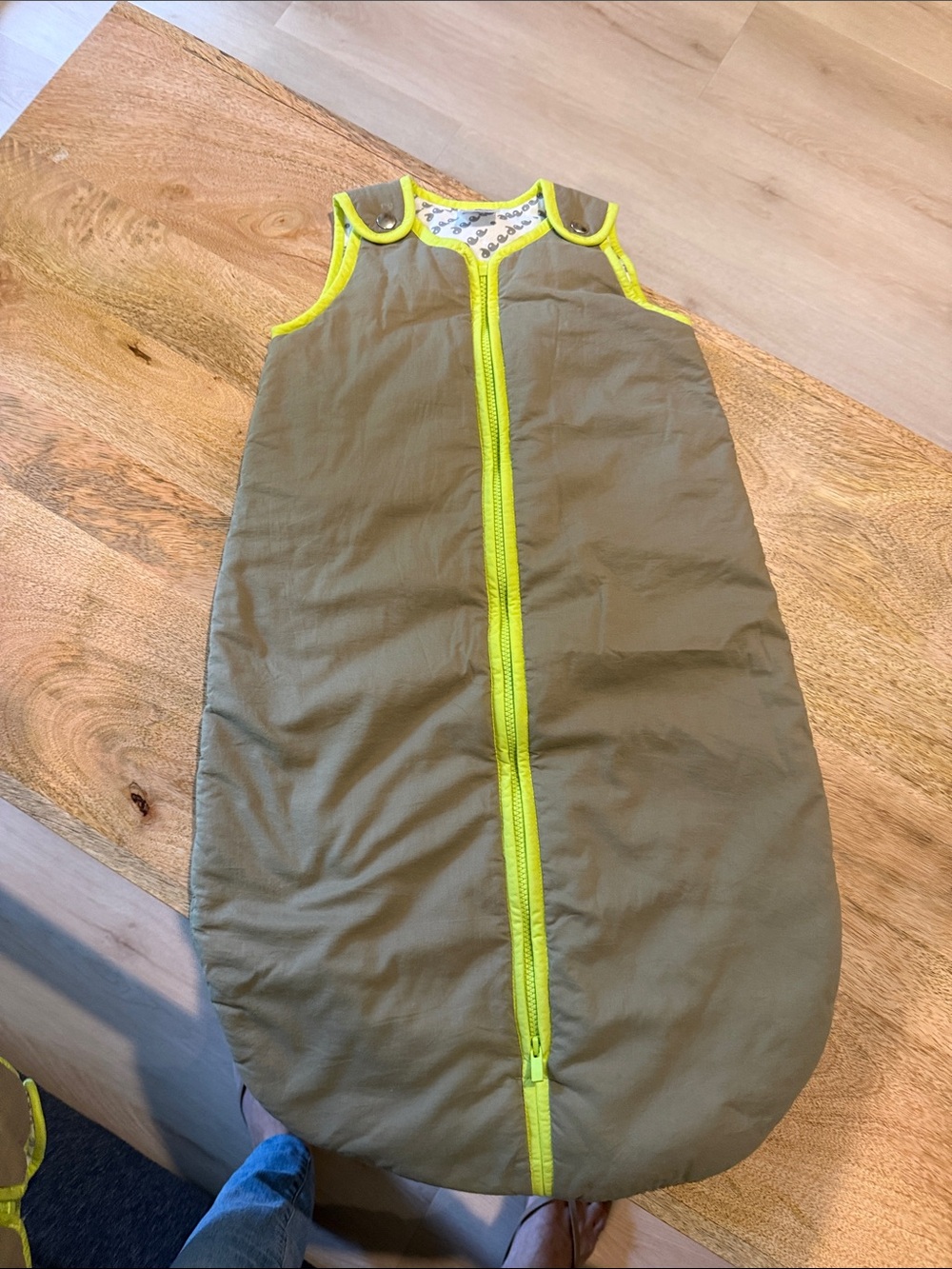 Sleeveless Kids Sleep Sack in Olive with Neon Yellow Trim